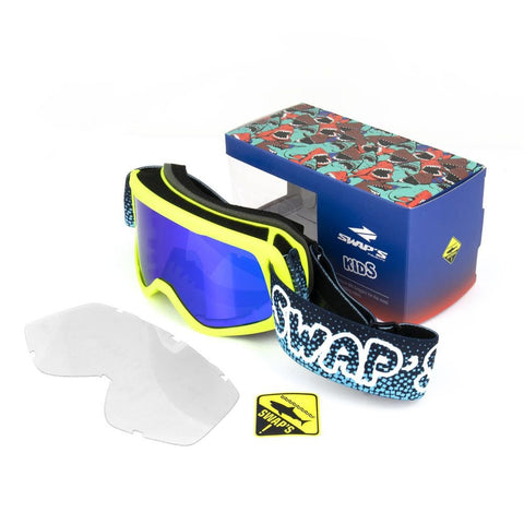 Bērnu MX brilles SWAPS fluo yellow – blue siksniņa – blue Iridium ekrāns SWAPS MOTOVEIKALS 21