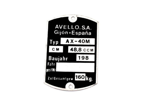 Frame nameplate dimensions: 59 x 40mm for Avelo AX 40M DIVERSE / IMPORT MOTOVEIKALS 21