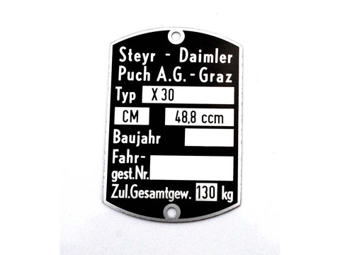 Frame type plate dimensions 59 x 40mm for Puch X 30 DIVERSE / IMPORT MOTOVEIKALS 21