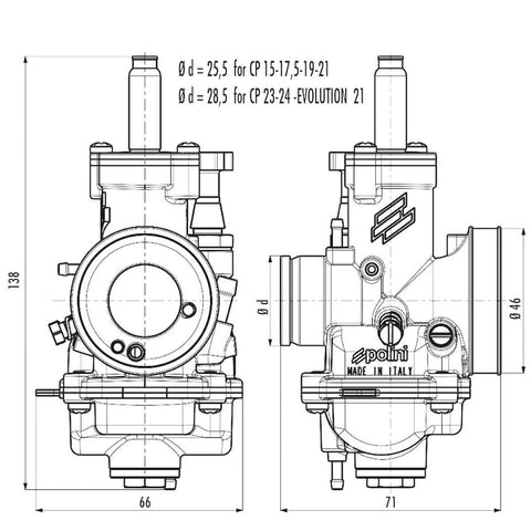 Karburators POLINI CP 17.5mm 50-70cc čoks-trose POLINI MOTOVEIKALS 21