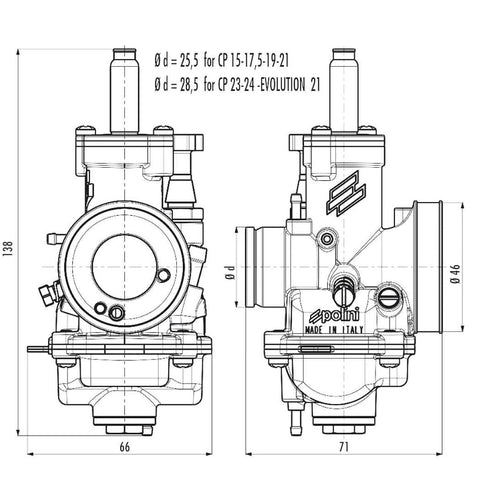 Karburators POLINI CP 19mm 50-70cc čoks-trose POLINI MOTOVEIKALS 21