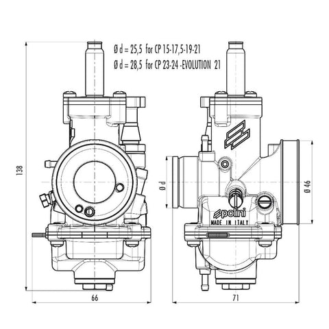 Karburators POLINI CP 21mm 50-70cc čoks-trose POLINI MOTOVEIKALS 21