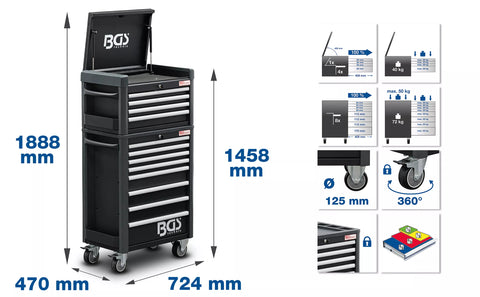 Darbnīcas ratiņi Pro Standard Max / 12 atvilktnes / ar 263 instrumentiem BGS TECHNIC MOTOVEIKALS 21