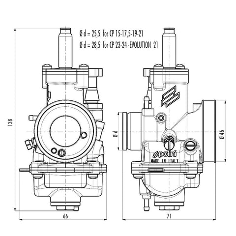 Karburators POLINI CP 19mm 50-70cc čoks-svira POLINI MOTOVEIKALS 21