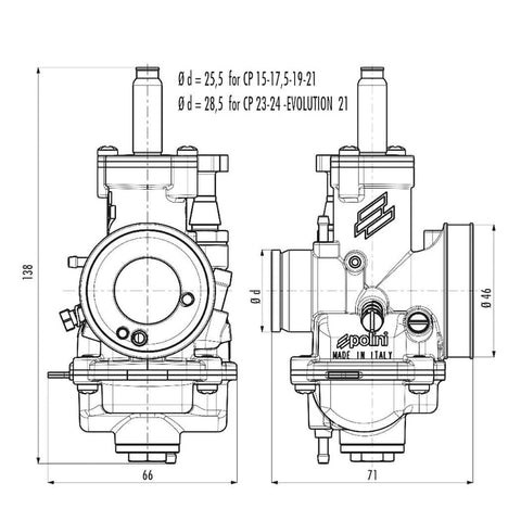 Karburators POLINI CP Evolution 21mm 50-70cc čoks-svira POLINI MOTOVEIKALS 21