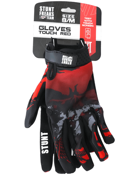 Motokrosa cimdi SFT Touch Skull Red sarkani ar galvaskausa dizainu STUNT FREAKS TEAM MOTOVEIKALS 21