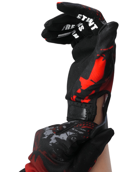 Motokrosa cimdi SFT Touch Skull Red sarkani ar galvaskausa dizainu STUNT FREAKS TEAM MOTOVEIKALS 21
