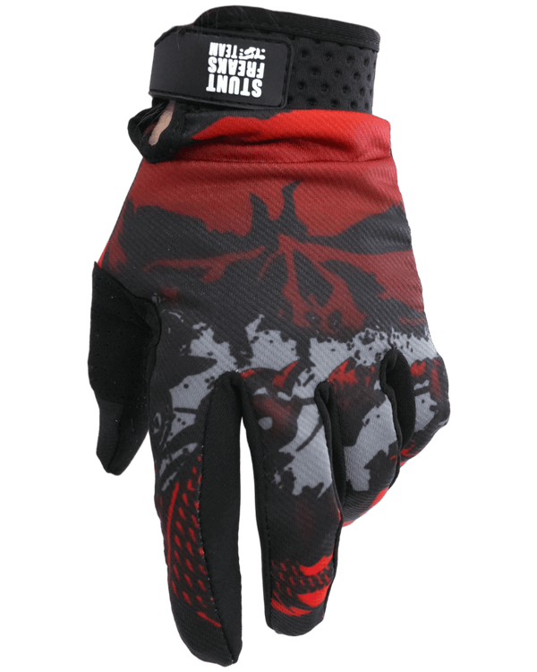Motokrosa cimdi SFT Touch Skull Red sarkani ar galvaskausa dizainu STUNT FREAKS TEAM MOTOVEIKALS 21