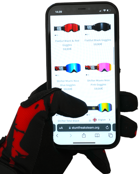 Motokrosa cimdi SFT Touch Skull Red sarkani ar galvaskausa dizainu STUNT FREAKS TEAM MOTOVEIKALS 21
