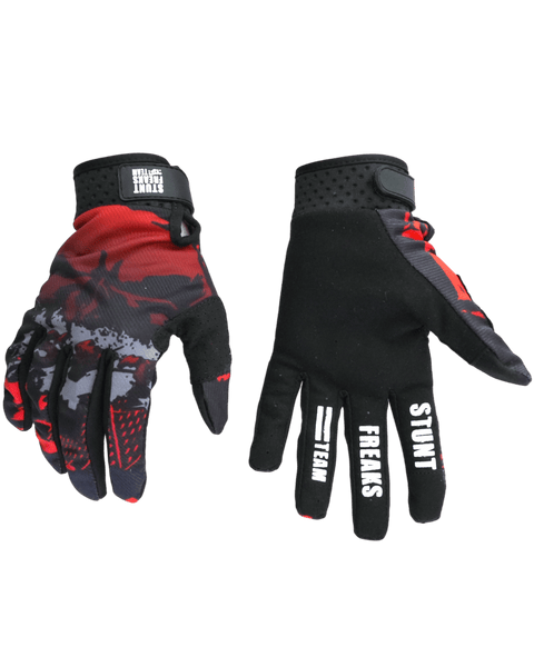Motokrosa cimdi SFT Touch Skull Red sarkani ar galvaskausa dizainu STUNT FREAKS TEAM MOTOVEIKALS 21