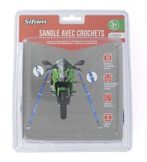 Transportēšanas siksna - 2gab ar drošības āķiem 50mm x 3mi pretestība 750kg SIFAM MOTOVEIKALS 21